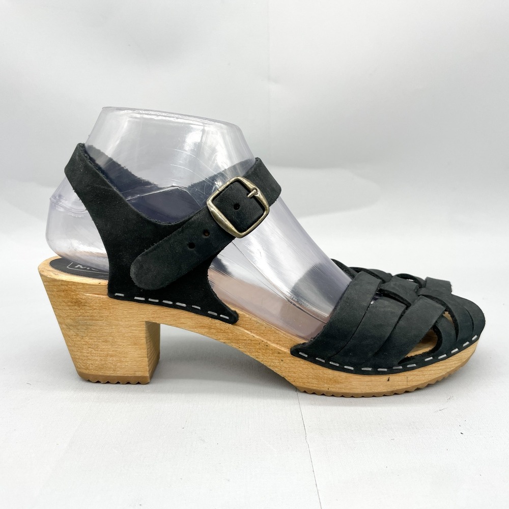 Moheda Womens 39 8.5 Betty Black Leather Woven Swedish Clog Sandals Shoes Heels